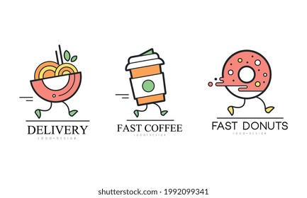 Delivery Service Logo Design Set, Coffee and Donuts Delivery Cartoon Vector Illustration