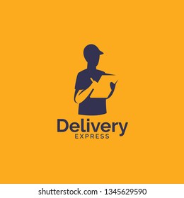 Delivery service logo design. Delivery solution, Delivery express logo design. Delivery man courier holding checklist, Logo design vector template Negative space style - Vector