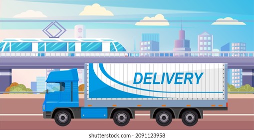 Delivery service machine riding in modern city. Truck for transporting goods worldwide. Transport with body for cargo, delivery, transporting. Freight vehicle delivers parcel on cityscape background