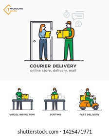 Delivery service, mail, courier online ordering. Characters. Flat design vector illustration. lined icon, icons. Advertising booklet site infographic