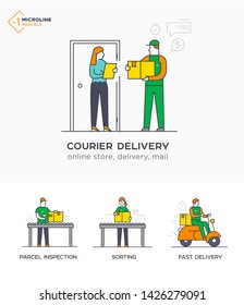 Delivery service, mail, courier online ordering. Characters. Flat design vector illustration. lined icon, icons. Advertising booklet site infographic