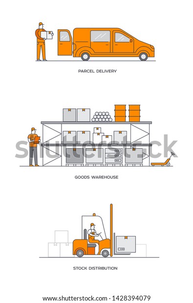 Delivery
service, mail, courier online ordering. Warehouse, delivery,
loading. Characters. Flat design vector illustration. lined icon,
icons Advertising booklet site
infographic