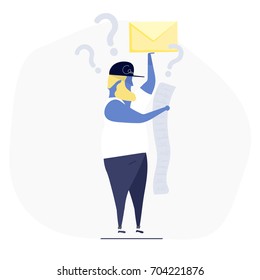 Delivery service, mail, logistics and shipping concept - ponderer deliveryman with parcel, envelope thinking about destination address. Design UI / UX Elements For Web Construction.