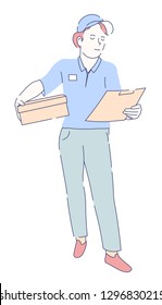 Delivery service mailwoman in uniform with parcel box and notepad vector post or mail shipping and transportation order takeaway food courier postwoman worker isolated female character with container.