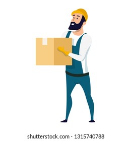 Delivery Service Male Character Holding Carton Box. Smiling Warehouse Worker Wearing Overall Uniform and Hard Hat Standing with Package in his Hand. Flat Cartoon Vector Illustration