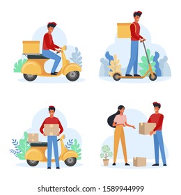 Delivery service male courier flat vector illustration set. Deliveryman carrying parcels. Cheerful woman receiving package. Man transporting boxes on scooter. Guy delivering merchandise