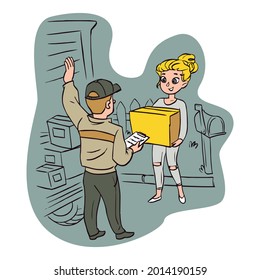 Delivery service. Male courier handing the parcel to a happy woman. Flat line design. Delivery concept, moving, handing over a box. Vector cartoon illustration characters fun