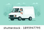 Delivery service. A male driver in uniform rides in a van against the backdrop of the city. Carrier. Vector illustration in flat style
