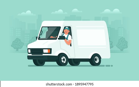 Delivery service. A male driver in uniform rides in a van against the backdrop of the city. Carrier. Vector illustration in flat style