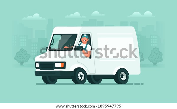 Delivery service. A male driver in uniform rides in\
a van against the backdrop of the city. Carrier. Vector\
illustration in flat\
style
