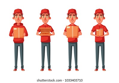 Delivery service. Man with box. Cartoon vector illustration