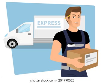 Delivery service man with a box in his hands and white delivery car behind him