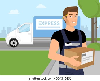 Delivery service man with a box in his hands and white delivery car behind him.