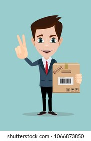 delivery service man with box vector illustration isolated on white background. smiling cartoon businessman juggling with cardboard box.