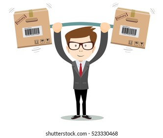 delivery service man with box vector illustration isolated on white background. smiling cartoon businessman juggling with cardboard box.