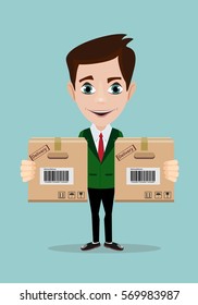 delivery service man with box vector illustration isolated on white background. smiling cartoon businessman juggling with cardboard box.