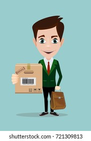 delivery service man with box vector illustration isolated on background. smiling cartoon businessman with cardboard box.