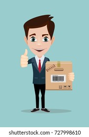 delivery service man with box vector illustration isolated on background. smiling cartoon businessman juggling with cardboard box.