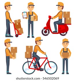 Delivery service man with boxes vector characters set.