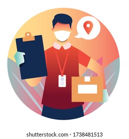 Delivery service man bring a box and scoreboard with pin location symbol