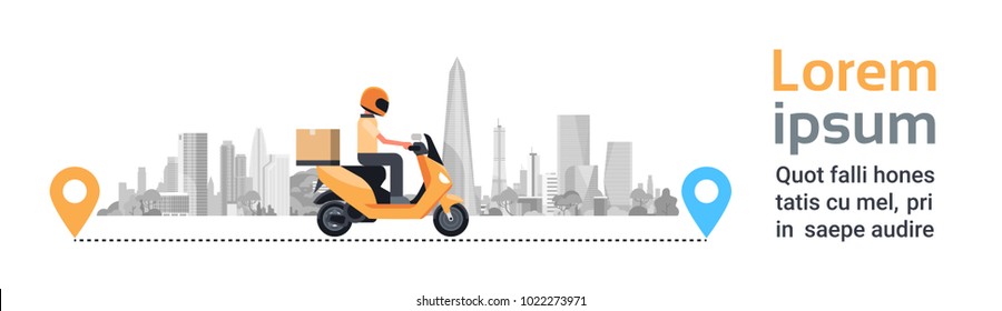 Delivery Service, Man Courier Riding Motorcycle With Box Parcel Over Silhouette City Buildings Background Horizontal Banner Flat Vector Illustration