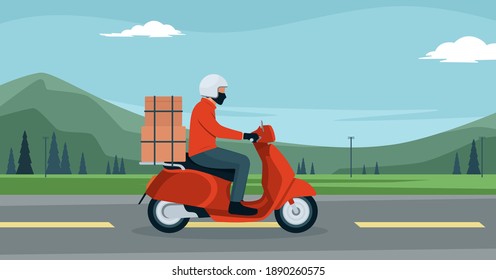 Delivery Service, Man Courier Riding Scooter Or Motorcycle With Parcel Over landscape view Flat Vector Illustration