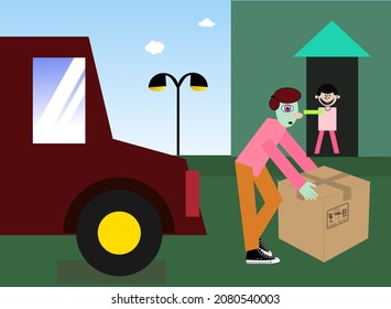 delivery service man delivering parcel to door of other man