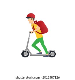 Delivery service. Delivery man, eats on a scooter with a box for groceries, vector illustration
