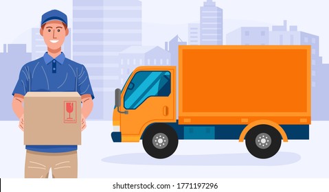 Delivery service. Delivery man holding a parcel with his truck. Vector