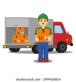 delivery service, delivery man holding a parcel with truck, illustration vector graphic