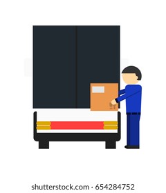 Delivery service. Man loading cardboard box parcel in delivery freight truck icon isolated on white background. Shipping and transportation staff service vector illustration

