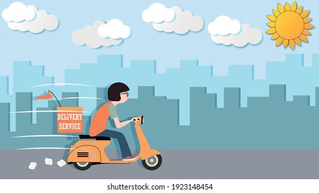 DELIVERY SERVICE a delivery man on a moped. Vector layered paper cut style illustration. Poster banner EPS 10
