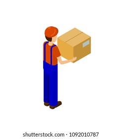 Delivery service man with paper box back view holding big package in hands vector male with cardboard parcel isolated on white, production line worker