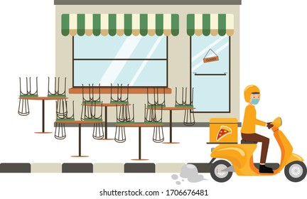 A delivery service man is passing a closed café
