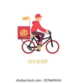 Delivery service. Delivery man rides on bike. Vector illustration.