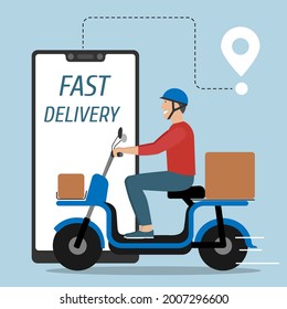 Delivery service. Man riding electric bike scooter with boxes. Fast delivery. E-commerce concept. Vector illustration