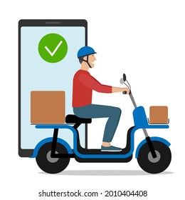 Delivery service. Man riding electric bike scooter with boxes. Man wearing helmet. Urban vehicle, city eco friendly transportation.  Flat vector illustration