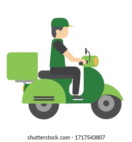 Delivery service man riding a green scooter with green attire and cap. Food delivery. Fast worldwide shipping