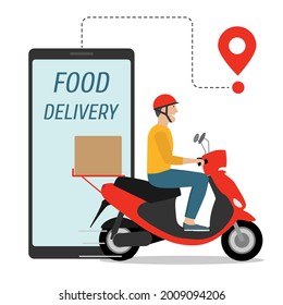 Delivery service. Man riding motor scooter with a box. Food delivery. E-commerce concept. Vector illustration