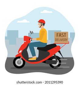 Delivery service. Man riding motor scooter with a box in the city. Fast delivery. E-commerce concept. Shipping. Vector illustration
