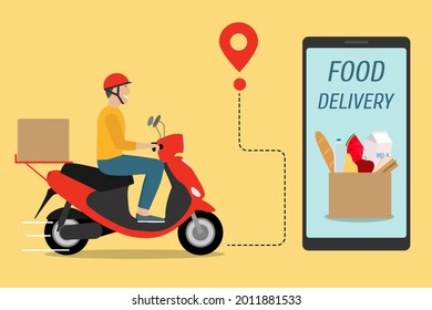 Delivery service. Man riding motor scooter with a box. Food delivery. E-commerce concept. Vector illustration