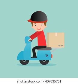 delivery service, delivery man is riding motor bike,Fast and Free Transport, man hipster is riding motorbike,modern design flat character people, graphic vector illustration, delivery business concept