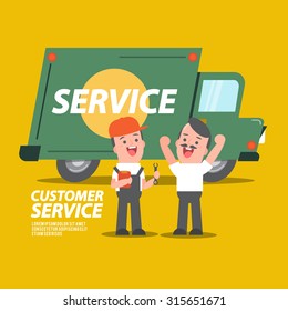 Delivery service man with truck and customer - Vector Illustration