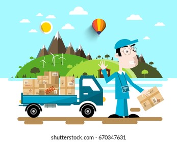 Delivery Service. Man with Van Car. Natural Flat Design Scene.