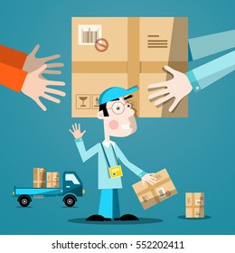 Delivery Service Man. Vector Flat Design Courier Illustration with Car and Boxes.