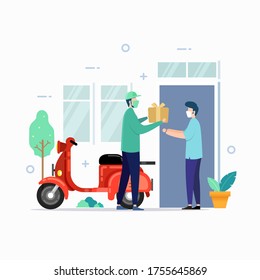 Delivery service with mask for safety. vector illustration