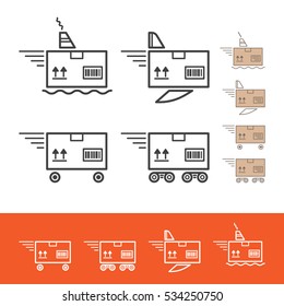Delivery service. Delivery methods: car, fly, train, ship. Vector linear icons set.