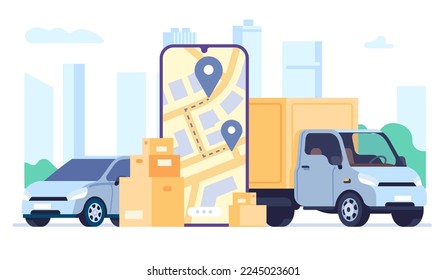 Delivery service in mobile app. Order shipping by automobile. Smartphone application. Truck cargo shipment. Cardboard boxes. Map with location icons. Freight distribution