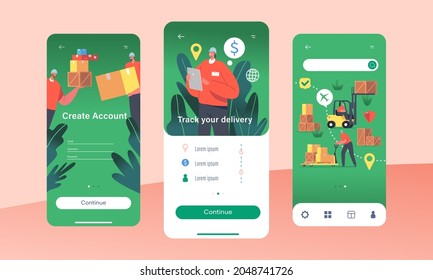 Plantilla de pantalla de la página de aplicaciones móviles del servicio de entrega. Trabajadores de almacén cargando artículos con elevadores. Logística Industrial de Cargo, Concepto Comercial Merchandising. Ilustración de vectores de personas de caricatura