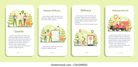 Delivery service mobile application banner set. Courier in uniform with box from the truck. Online food delivery. Goods order in the internet. Express logistic concept. Vector illustration